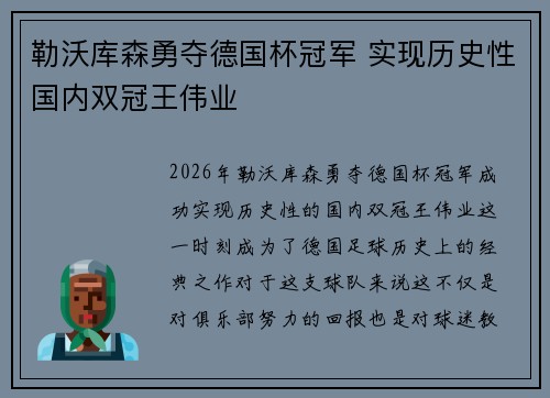 勒沃库森勇夺德国杯冠军 实现历史性国内双冠王伟业