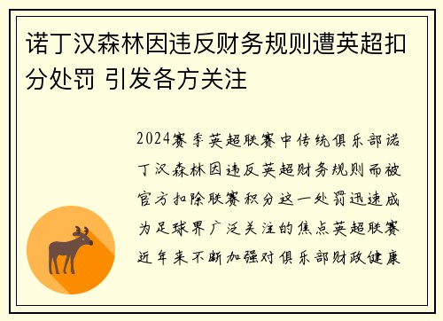 诺丁汉森林因违反财务规则遭英超扣分处罚 引发各方关注 诺丁汉森林因违反财务规则遭英超扣分处罚 引发各方关注