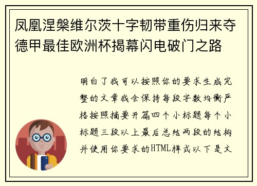 凤凰涅槃维尔茨十字韧带重伤归来夺德甲最佳欧洲杯揭幕闪电破门之路